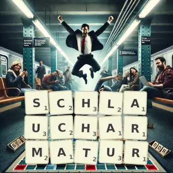 Kreative Illustration für ein Scrabble-Spiel, bei dem das Wort SCHLAUCHARMATUR mit Steinen auf dem Brett gelegt wurde.
