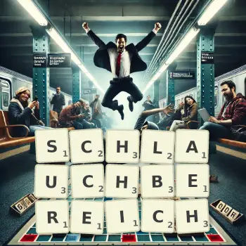 Kreative Illustration für ein Scrabble-Spiel, bei dem das Wort SCHLAUCHBEREICH mit Steinen auf dem Brett gelegt wurde.