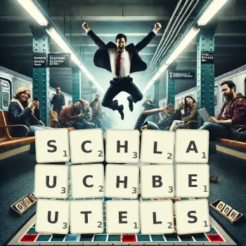 Kreative Illustration für ein Scrabble-Spiel, bei dem das Wort SCHLAUCHBEUTELS mit Steinen auf dem Brett gelegt wurde.