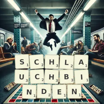 Kreative Illustration für ein Scrabble-Spiel, bei dem das Wort SCHLAUCHBINDEN mit Steinen auf dem Brett gelegt wurde.