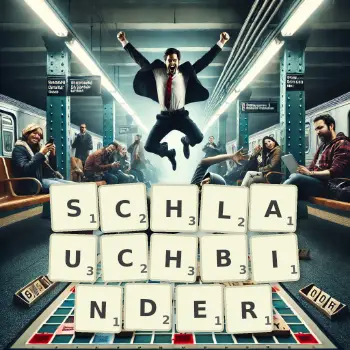 Kreative Illustration für ein Scrabble-Spiel, bei dem das Wort SCHLAUCHBINDER mit Steinen auf dem Brett gelegt wurde.