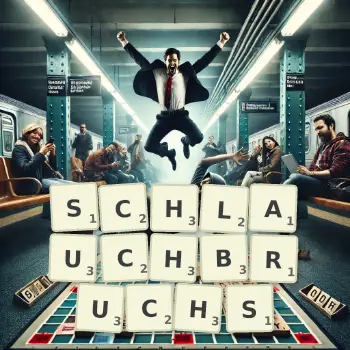 Kreative Illustration für ein Scrabble-Spiel, bei dem das Wort SCHLAUCHBRUCHS mit Steinen auf dem Brett gelegt wurde.