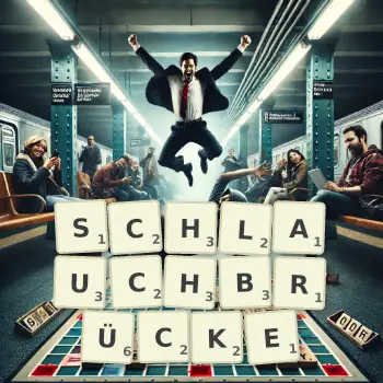 Kreative Illustration für ein Scrabble-Spiel, bei dem das Wort SCHLAUCHBRÜCKE mit Steinen auf dem Brett gelegt wurde.