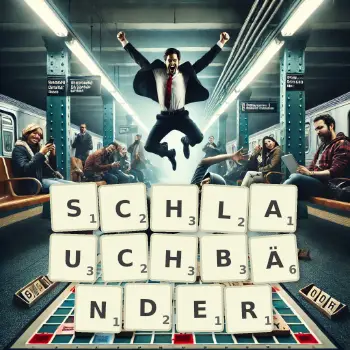Kreative Illustration für ein Scrabble-Spiel, bei dem das Wort SCHLAUCHBÄNDER mit Steinen auf dem Brett gelegt wurde.