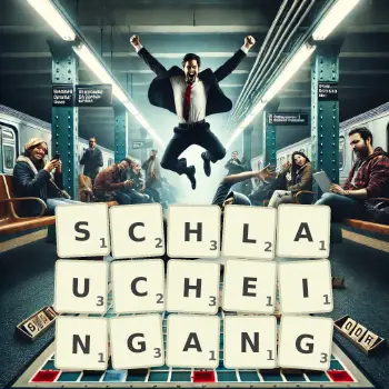 Kreative Illustration für ein Scrabble-Spiel, bei dem das Wort SCHLAUCHEINGANG mit Steinen auf dem Brett gelegt wurde.