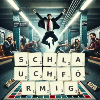 Kreative Illustration für ein Scrabble-Spiel, bei dem das Wort SCHLAUCHFÖRMIG mit Steinen auf dem Brett gelegt wurde.