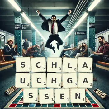 Kreative Illustration für ein Scrabble-Spiel, bei dem das Wort SCHLAUCHGASSEN mit Steinen auf dem Brett gelegt wurde.