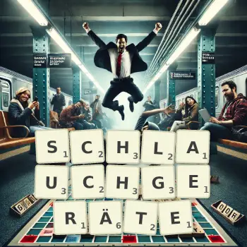 Kreative Illustration für ein Scrabble-Spiel, bei dem das Wort SCHLAUCHGERÄTE mit Steinen auf dem Brett gelegt wurde.