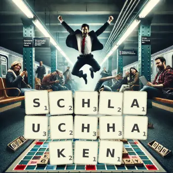 Kreative Illustration für ein Scrabble-Spiel, bei dem das Wort SCHLAUCHHAKEN mit Steinen auf dem Brett gelegt wurde.