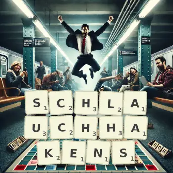 Kreative Illustration für ein Scrabble-Spiel, bei dem das Wort SCHLAUCHHAKENS mit Steinen auf dem Brett gelegt wurde.