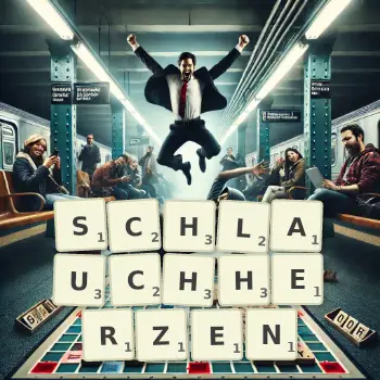 Kreative Illustration für ein Scrabble-Spiel, bei dem das Wort SCHLAUCHHERZEN mit Steinen auf dem Brett gelegt wurde.