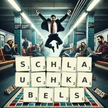 Kreative Illustration für ein Scrabble-Spiel, bei dem das Wort SCHLAUCHKABELS mit Steinen auf dem Brett gelegt wurde.