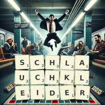 Kreative Illustration für ein Scrabble-Spiel, bei dem das Wort SCHLAUCHKLEIDER mit Steinen auf dem Brett gelegt wurde.