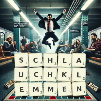 Kreative Illustration für ein Scrabble-Spiel, bei dem das Wort SCHLAUCHKLEMMEN mit Steinen auf dem Brett gelegt wurde.