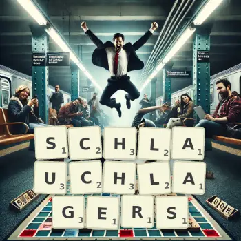 Kreative Illustration für ein Scrabble-Spiel, bei dem das Wort SCHLAUCHLAGERS mit Steinen auf dem Brett gelegt wurde.
