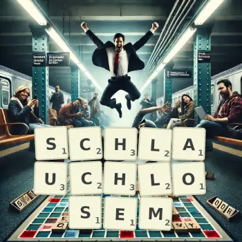 Kreative Illustration für ein Scrabble-Spiel, bei dem das Wort SCHLAUCHLOSEM mit Steinen auf dem Brett gelegt wurde.