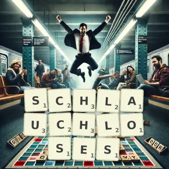 Kreative Illustration für ein Scrabble-Spiel, bei dem das Wort SCHLAUCHLOSES mit Steinen auf dem Brett gelegt wurde.