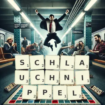 Kreative Illustration für ein Scrabble-Spiel, bei dem das Wort SCHLAUCHNIPPEL mit Steinen auf dem Brett gelegt wurde.