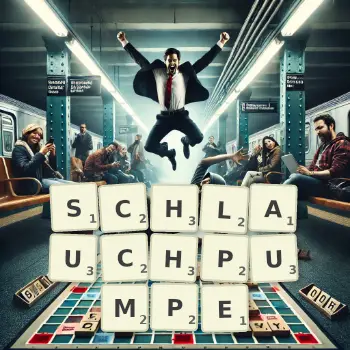 Kreative Illustration für ein Scrabble-Spiel, bei dem das Wort SCHLAUCHPUMPE mit Steinen auf dem Brett gelegt wurde.