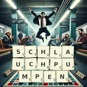 Kreative Illustration für ein Scrabble-Spiel, bei dem das Wort SCHLAUCHPUMPEN mit Steinen auf dem Brett gelegt wurde.