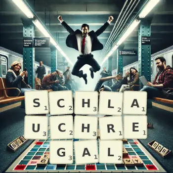 Kreative Illustration für ein Scrabble-Spiel, bei dem das Wort SCHLAUCHREGAL mit Steinen auf dem Brett gelegt wurde.