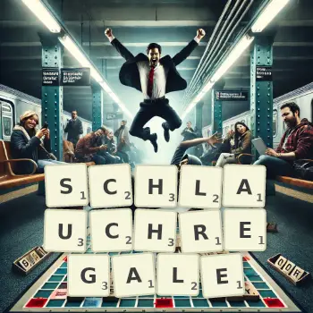 Kreative Illustration für ein Scrabble-Spiel, bei dem das Wort SCHLAUCHREGALE mit Steinen auf dem Brett gelegt wurde.