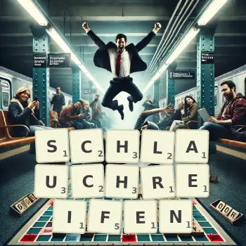 Kreative Illustration für ein Scrabble-Spiel, bei dem das Wort SCHLAUCHREIFEN mit Steinen auf dem Brett gelegt wurde.