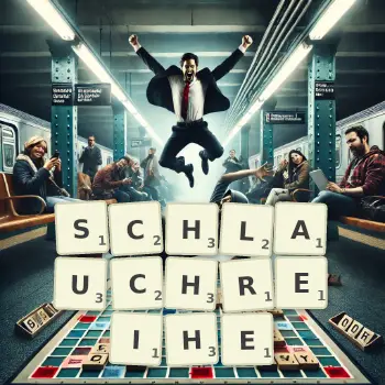 Kreative Illustration für ein Scrabble-Spiel, bei dem das Wort SCHLAUCHREIHE mit Steinen auf dem Brett gelegt wurde.