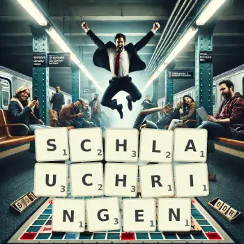 Kreative Illustration für ein Scrabble-Spiel, bei dem das Wort SCHLAUCHRINGEN mit Steinen auf dem Brett gelegt wurde.