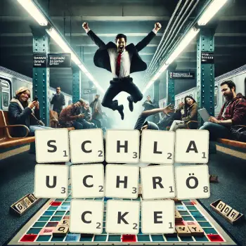 Kreative Illustration für ein Scrabble-Spiel, bei dem das Wort SCHLAUCHRÖCKE mit Steinen auf dem Brett gelegt wurde.