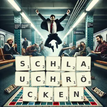 Kreative Illustration für ein Scrabble-Spiel, bei dem das Wort SCHLAUCHRÖCKEN mit Steinen auf dem Brett gelegt wurde.