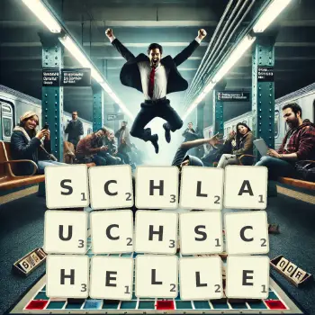 Kreative Illustration für ein Scrabble-Spiel, bei dem das Wort SCHLAUCHSCHELLE mit Steinen auf dem Brett gelegt wurde.