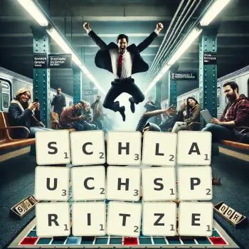 Kreative Illustration für ein Scrabble-Spiel, bei dem das Wort SCHLAUCHSPRITZE mit Steinen auf dem Brett gelegt wurde.