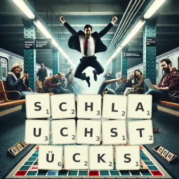Kreative Illustration für ein Scrabble-Spiel, bei dem das Wort SCHLAUCHSTÜCKS mit Steinen auf dem Brett gelegt wurde.