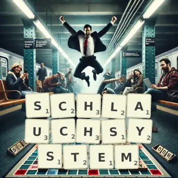 Kreative Illustration für ein Scrabble-Spiel, bei dem das Wort SCHLAUCHSYSTEM mit Steinen auf dem Brett gelegt wurde.
