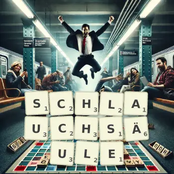 Kreative Illustration für ein Scrabble-Spiel, bei dem das Wort SCHLAUCHSÄULE mit Steinen auf dem Brett gelegt wurde.