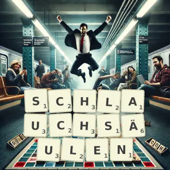 Kreative Illustration für ein Scrabble-Spiel, bei dem das Wort SCHLAUCHSÄULEN mit Steinen auf dem Brett gelegt wurde.