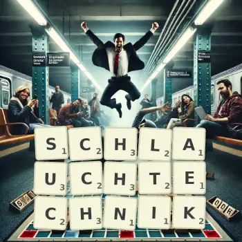 Kreative Illustration für ein Scrabble-Spiel, bei dem das Wort SCHLAUCHTECHNIK mit Steinen auf dem Brett gelegt wurde.