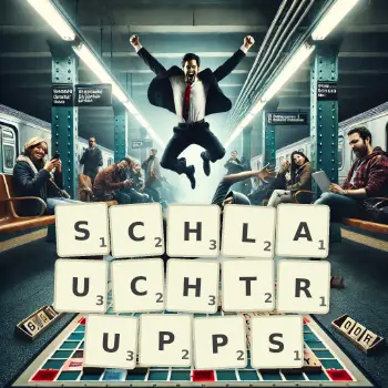 Kreative Illustration für ein Scrabble-Spiel, bei dem das Wort SCHLAUCHTRUPPS mit Steinen auf dem Brett gelegt wurde.