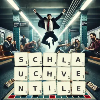 Kreative Illustration für ein Scrabble-Spiel, bei dem das Wort SCHLAUCHVENTILE mit Steinen auf dem Brett gelegt wurde.