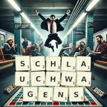Kreative Illustration für ein Scrabble-Spiel, bei dem das Wort SCHLAUCHWAGENS mit Steinen auf dem Brett gelegt wurde.