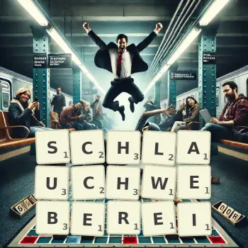 Kreative Illustration für ein Scrabble-Spiel, bei dem das Wort SCHLAUCHWEBEREI mit Steinen auf dem Brett gelegt wurde.