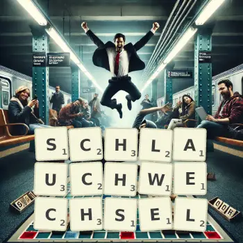 Kreative Illustration für ein Scrabble-Spiel, bei dem das Wort SCHLAUCHWECHSEL mit Steinen auf dem Brett gelegt wurde.