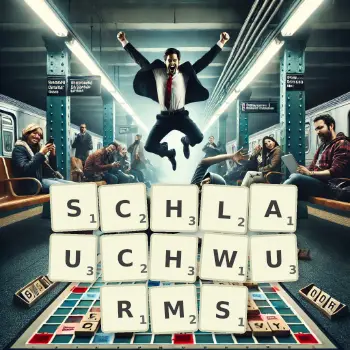 Kreative Illustration für ein Scrabble-Spiel, bei dem das Wort SCHLAUCHWURMS mit Steinen auf dem Brett gelegt wurde.