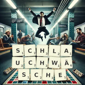 Kreative Illustration für ein Scrabble-Spiel, bei dem das Wort SCHLAUCHWÄSCHE mit Steinen auf dem Brett gelegt wurde.