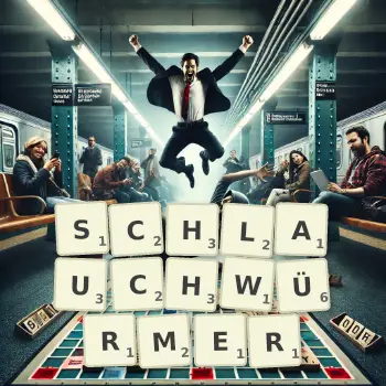 Kreative Illustration für ein Scrabble-Spiel, bei dem das Wort SCHLAUCHWÜRMER mit Steinen auf dem Brett gelegt wurde.