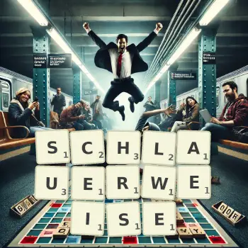 Kreative Illustration für ein Scrabble-Spiel, bei dem das Wort SCHLAUERWEISE mit Steinen auf dem Brett gelegt wurde.