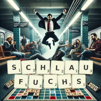 Kreative Illustration für ein Scrabble-Spiel, bei dem das Wort SCHLAUFUCHS mit Steinen auf dem Brett gelegt wurde.