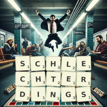 Kreative Illustration für ein Scrabble-Spiel, bei dem das Wort SCHLECHTERDINGS mit Steinen auf dem Brett gelegt wurde.