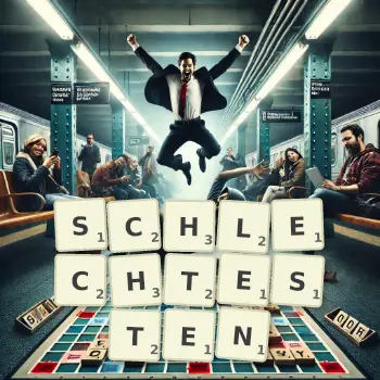 Kreative Illustration für ein Scrabble-Spiel, bei dem das Wort SCHLECHTESTEN mit Steinen auf dem Brett gelegt wurde.